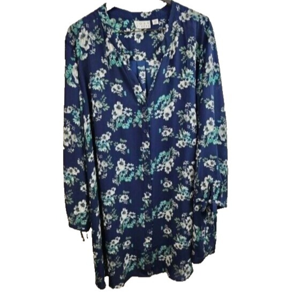 Joan Rivers Womens Blouse Top Size 28W Blue Floral 3/4 Sleeve Button Up‎ Casual